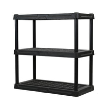 Black three-tier plastic shelf on a white background