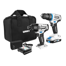 Hart cordless drill and impact driver set with battery and charger on a white background