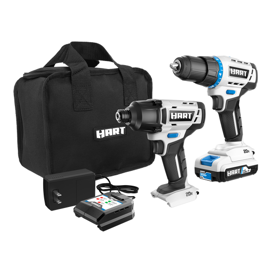 Hart cordless drill and impact driver set with battery and charger on a white background
