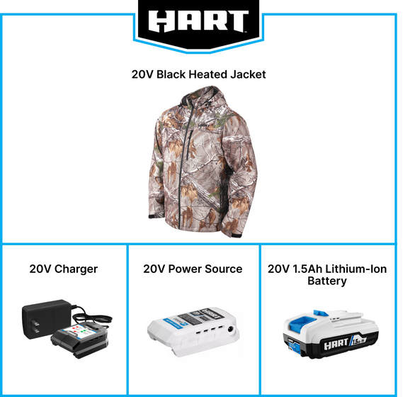 What's In The Box: HART 20V Heated Camo Jacket, 20V Charger, 20V Power Source, 20V 1.5ah Lithium-Ion Battery