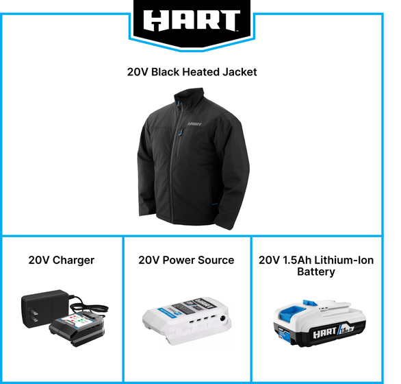 What's In The Box: HART 20V Heated Black Jacket, 20V Charger, 20V Power Source, 20V 1.5ah Lithium-Ion Battery